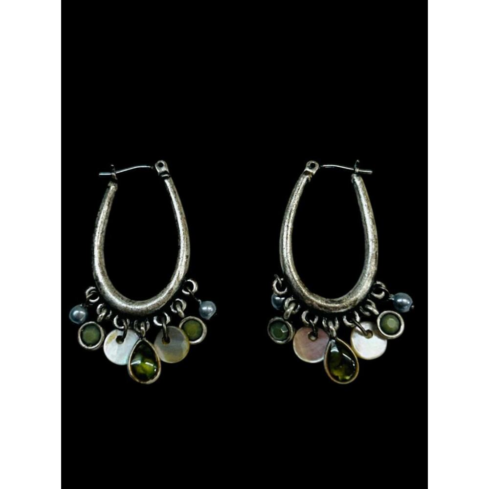 Silvertone Latchback Oval Hoop Earrings Beaded Boho Style 1.5" Drop